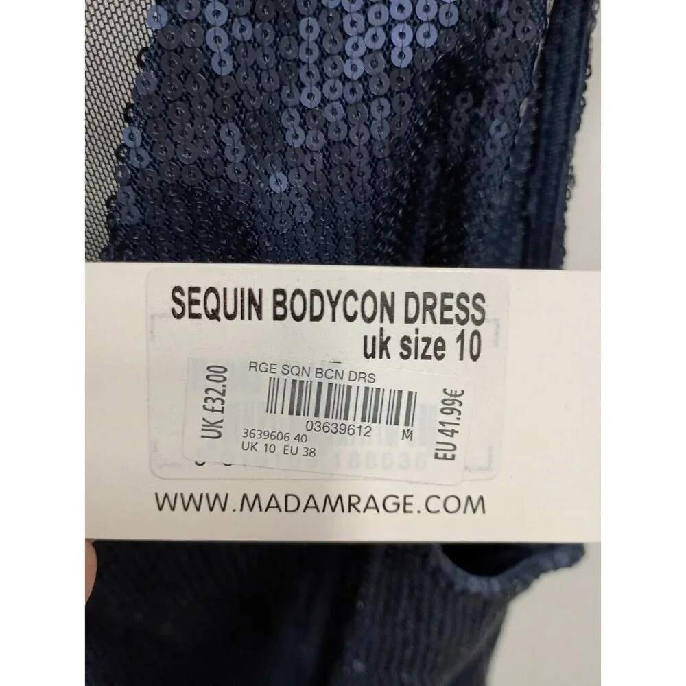 Madam Rage Sequin Bodycon Mini Dress Womens Sz 6 US Navy Blue Party Sleeveless - Picture 2 of 10
